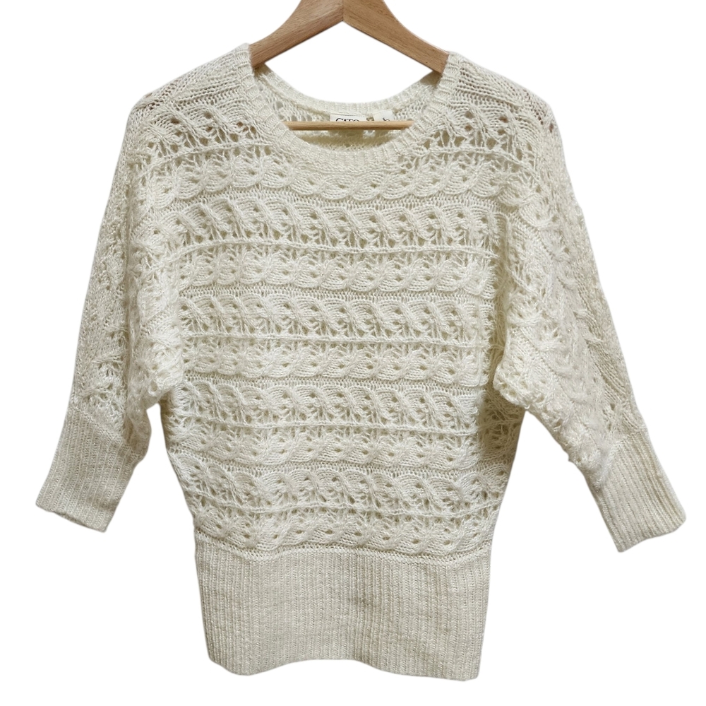Cato Sweater Women S Cream Acrylic Metallic Ribbed Knit Open Weave 3/4 Slv Soft